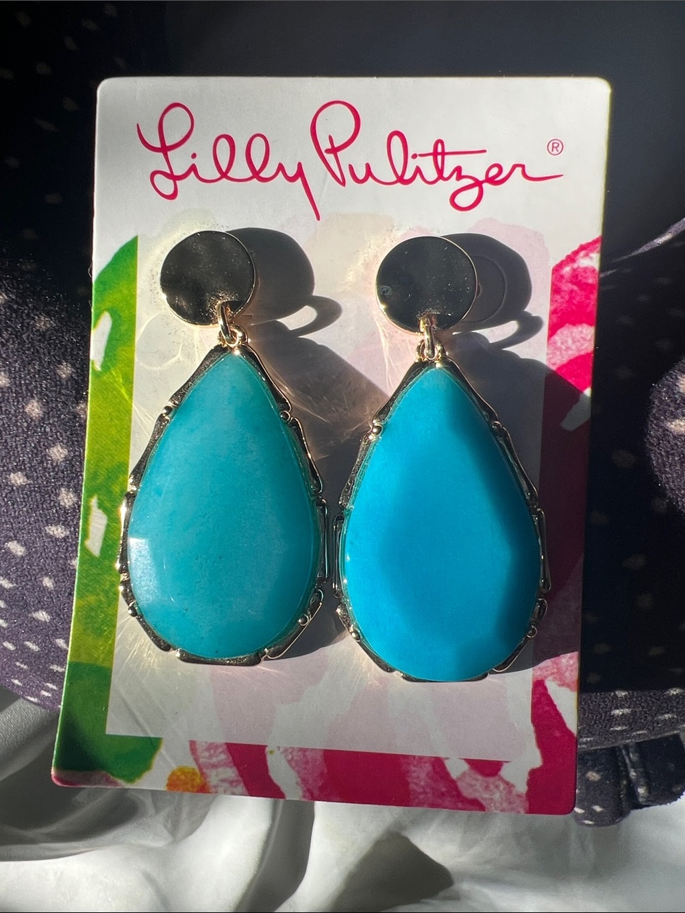 Lilly Pulitzer Bright Turquoise Teardrop Earrings with Gold Accents